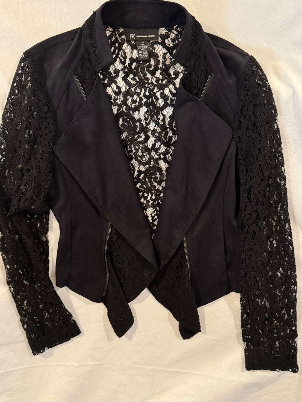 INC International Concepts Black Lace Sleeve Draped Jacket
